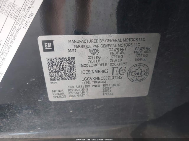 1GCVKNEC8JZ131142 Chevrolet l83 - sidi: spark ignited direct injection, vvt: variable valve timing, afm, e85 max, alum