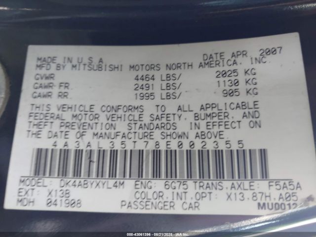 2008 MITSUBISHI ECLIPSE SPYDER 4A3AL35T78E002355 Photo 8