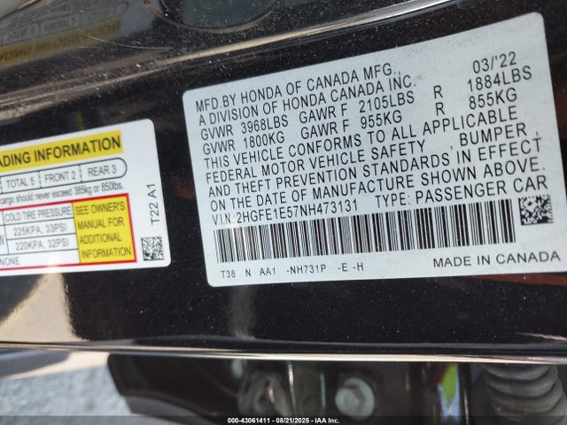 Honda l15ca 2022 2HGFE1E57NH473131 Image 9