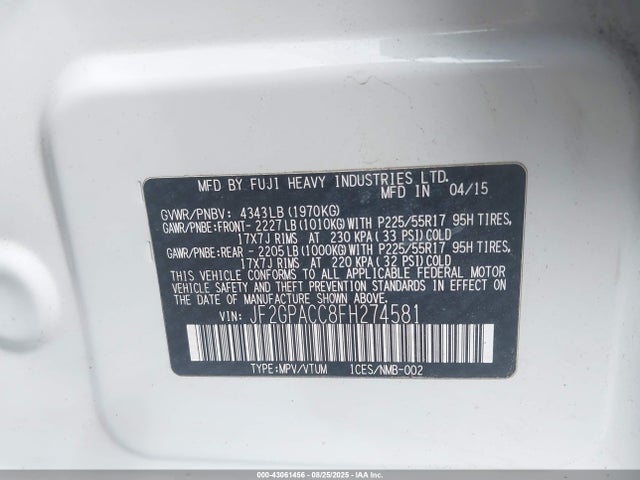JF2GPACC8FH274581 Subaru 2.0l naturally aapirated
