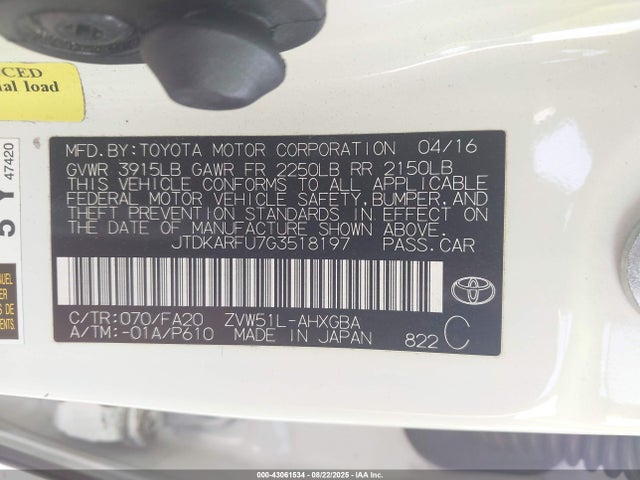 JTDKARFU7G3518197 Toyota 2zr-fxe,1nm