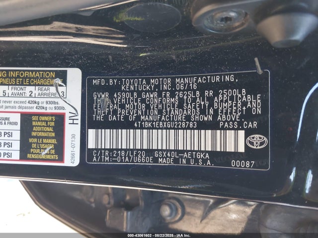 Toyota 2gr-fe 2016 4T1BK1EBXGU228783 Image 9