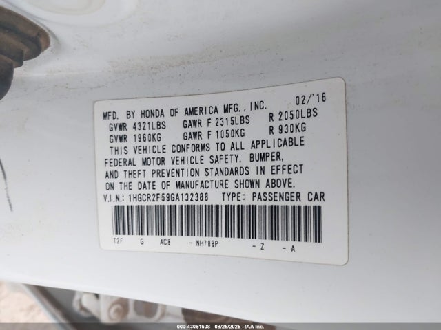 1HGCR2F59GA132388 Honda k24w1