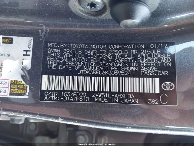 JTDKARFU6K3069524 Toyota 2zr-fxe,1nm+1mm