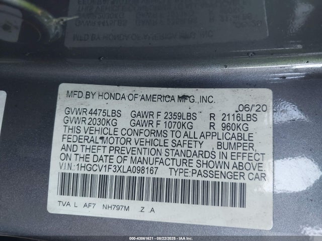 1HGCV1F3XLA098167 Honda l15be