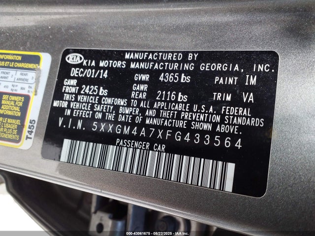 5XXGM4A7XFG433564 KIA dohc gdi theta ii