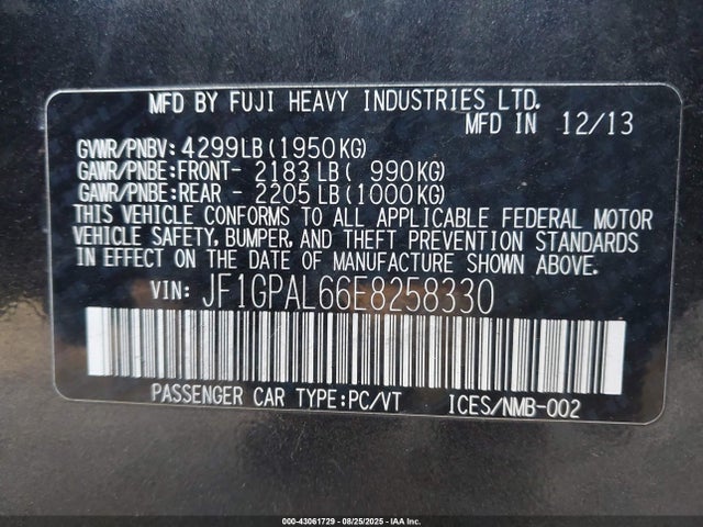 JF1GPAL66E8258330 Subaru 2014