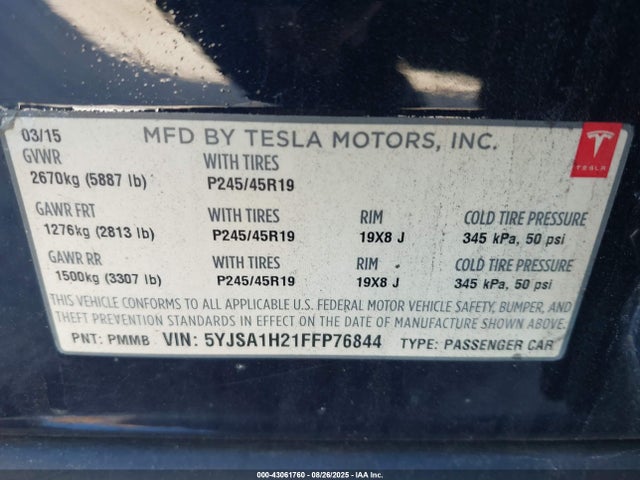 2015 TESLA MODEL S 5YJSA1H21FFP76844 Photo 8