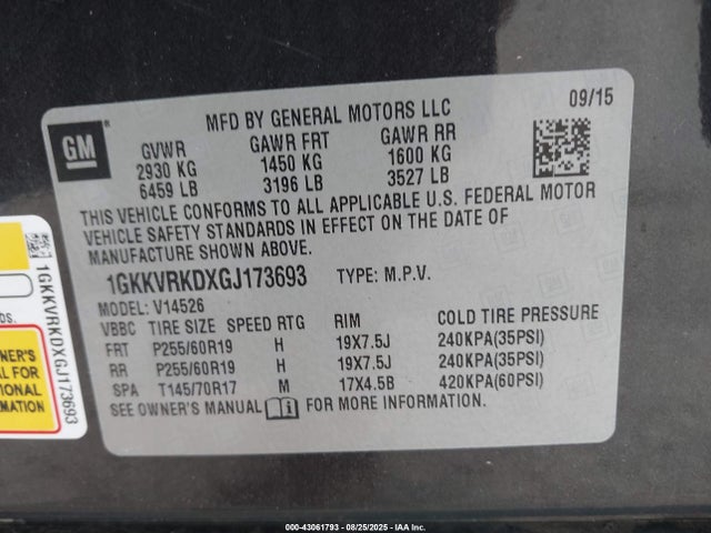 1GKKVRKDXGJ173693 GMC llt - sidi, alum, 60 degrees