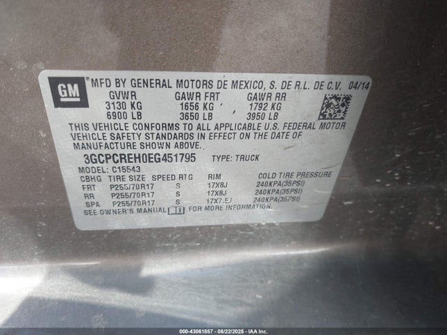 3GCPCREH0EG451795 Chevrolet lv3 - vvt, aluminum, e85 max