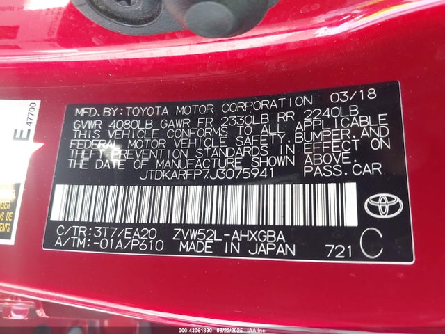 Toyota 2zr-fxe+1nm 2018 JTDKARFP7J3075941 Image 9