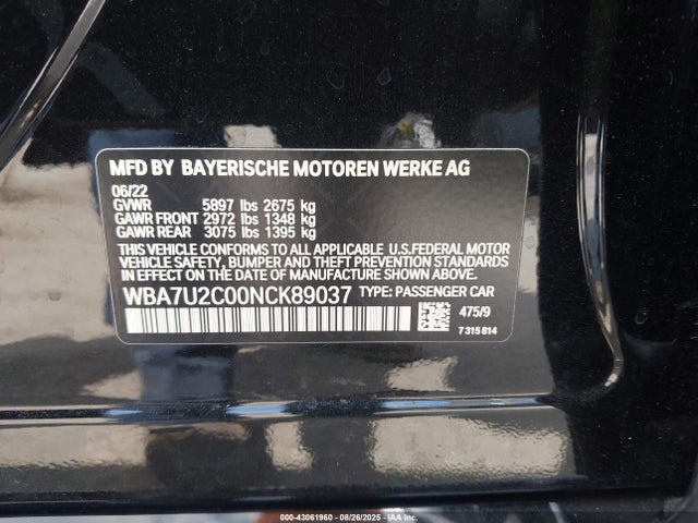 WBA7U2C00NCK89037 BMW 2022