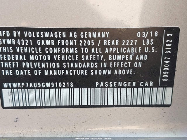 WVWKP7AU9GW910218 Volkswagen E-Golf