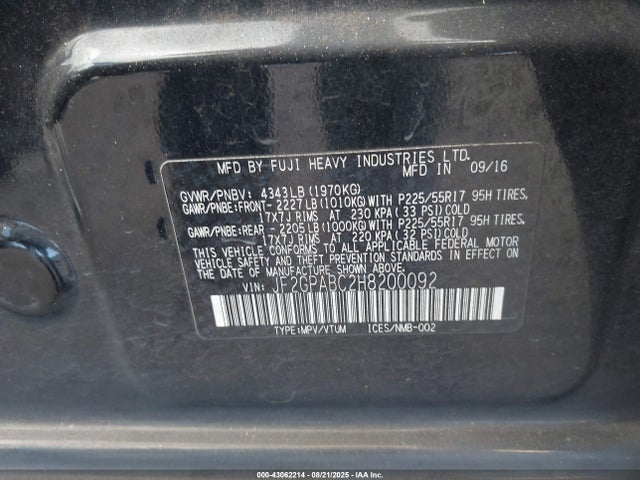 JF2GPABC2H8200092 Subaru naturally aspirated