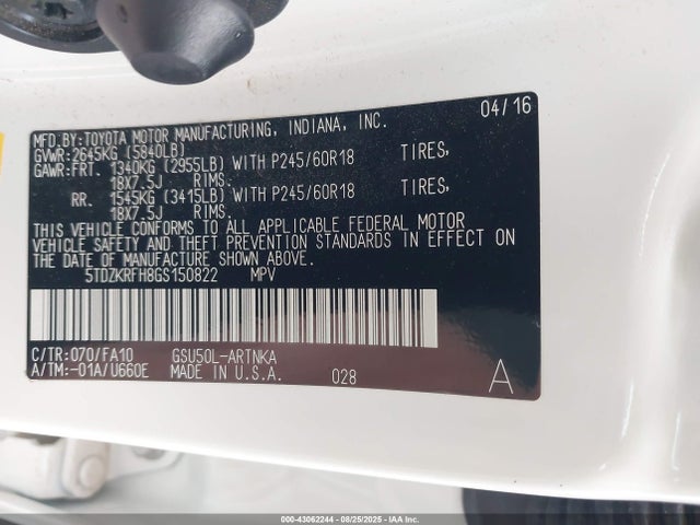 5TDZKRFH8GS150822 Toyota 2gr-fe
