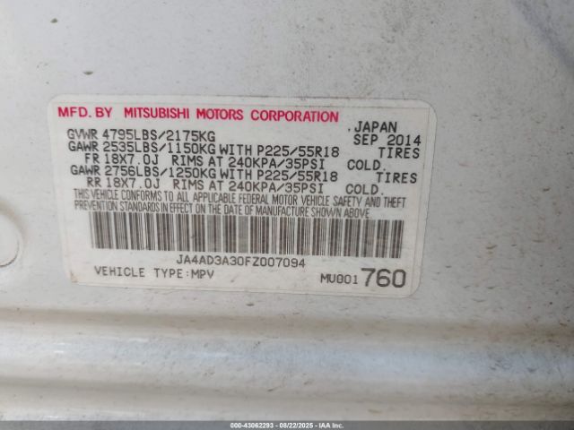 2015 MITSUBISHI OUTLANDER JA4AD3A30FZ007094 Photo 8