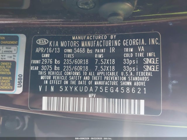 5XYKUDA75EG458621 KIA gasoline 3.3 v6 gdi lambda ii