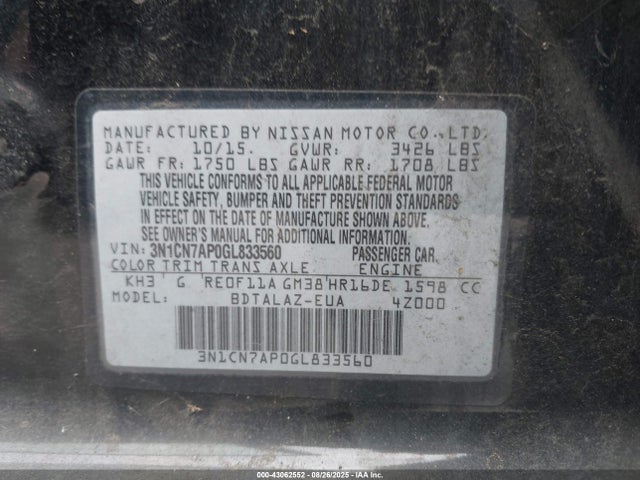 3N1CN7AP0GL833560 Nissan 2016