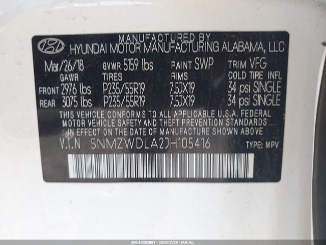 5NMZWDLA2JH105416 Hyundai t-gdi theta ii