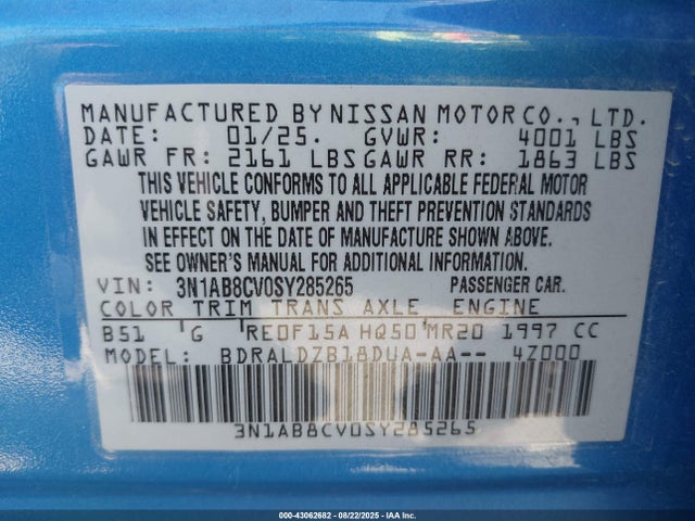 3N1AB8CV0SY285265 Nissan 2025