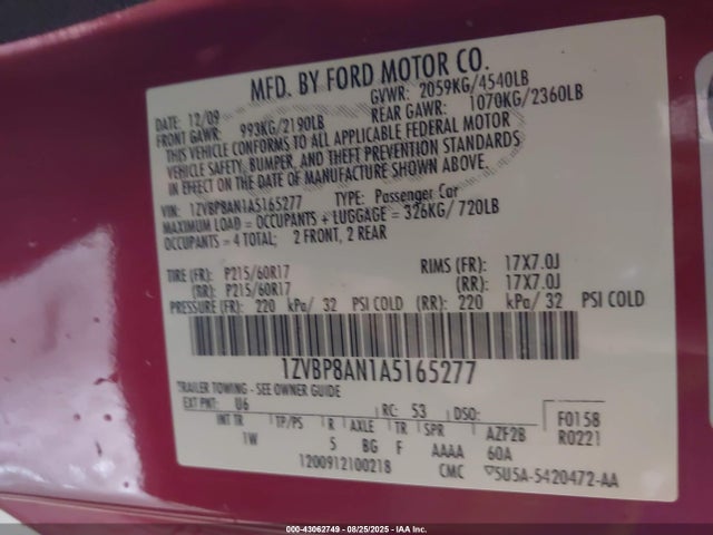 Продаж на аукціоні авто 2010 Ford Mustang V6/v6 Premium, vin: 1ZVBP8AN1A5165277, номер лоту: 43062749