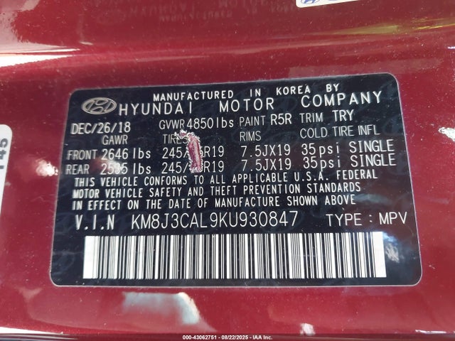 KM8J3CAL9KU930847 Hyundai gdi theta ii