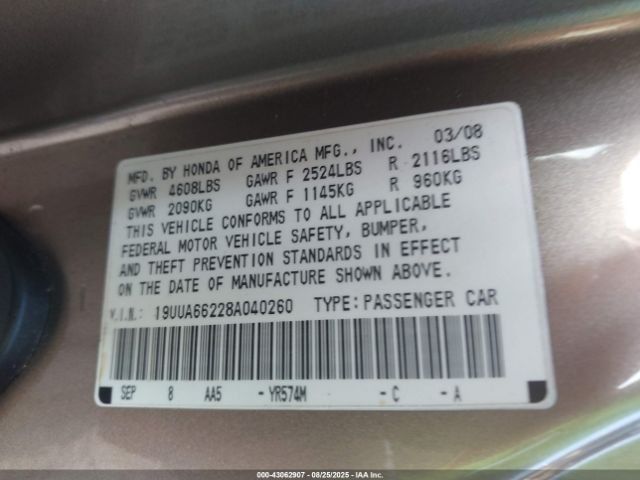 2008 ACURA TL 19UUA66228A040260 Photo 8