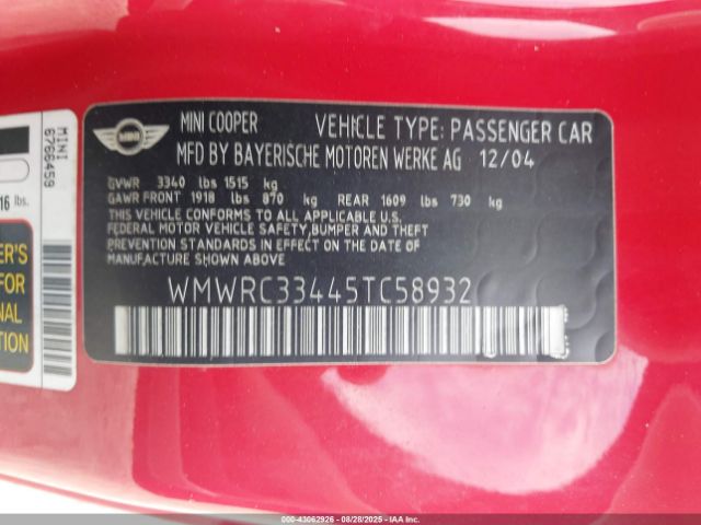 2005 MINI COOPER WMWRC33445TC58932 Photo 8