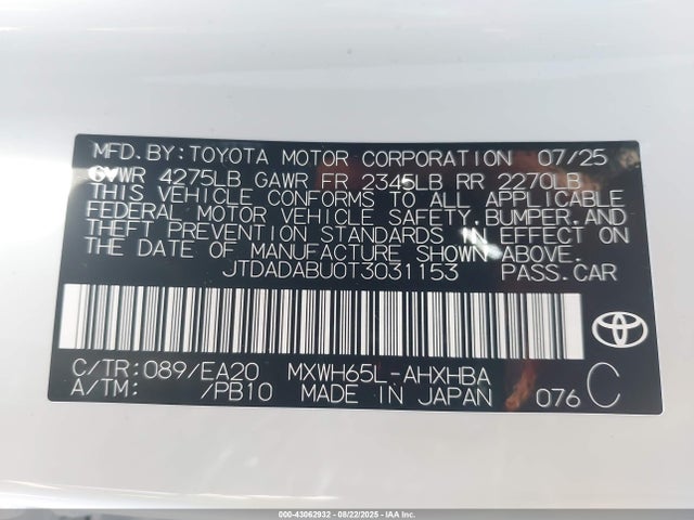 JTDADABU0T3031153 Toyota m20a-fxs