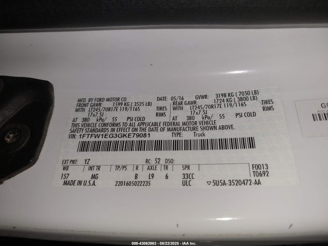 1FTFW1EG3GKE79081 Ford 2016