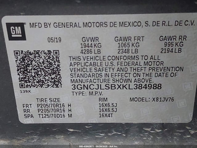 3GNCJLSBXKL384988 Chevrolet luv - mfi, variable valve timing, e85 max, alum