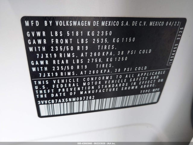 3VVCB7AX5NM097262 Volkswagen Tiguan