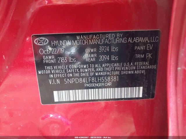 5NPD84LF8LH558381 Hyundai mpi nu