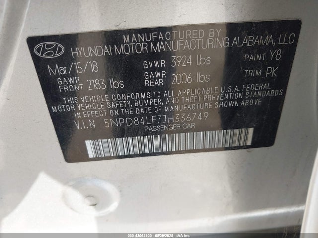5NPD84LF7JH336749 Hyundai mpi nu