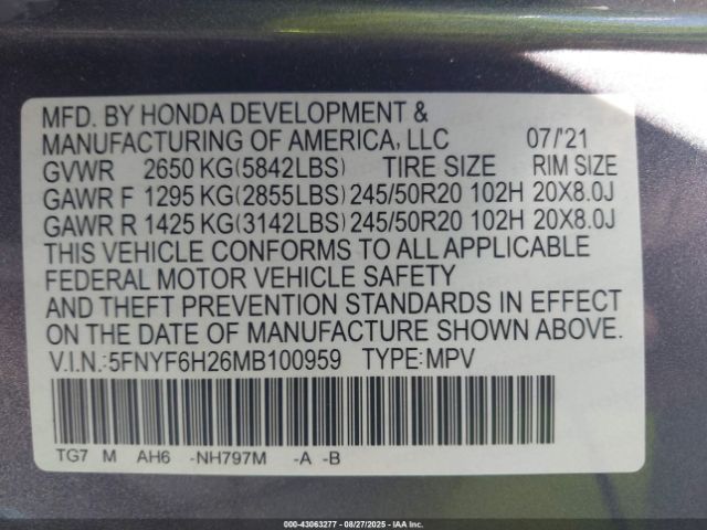 2021 HONDA PILOT 5FNYF6H26MB100959 Photo 8