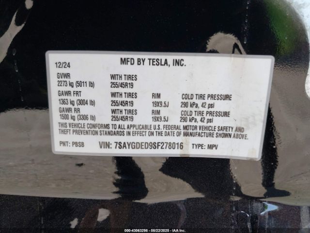 2025 TESLA MODEL Y 7SAYGDED9SF278016 Photo 8