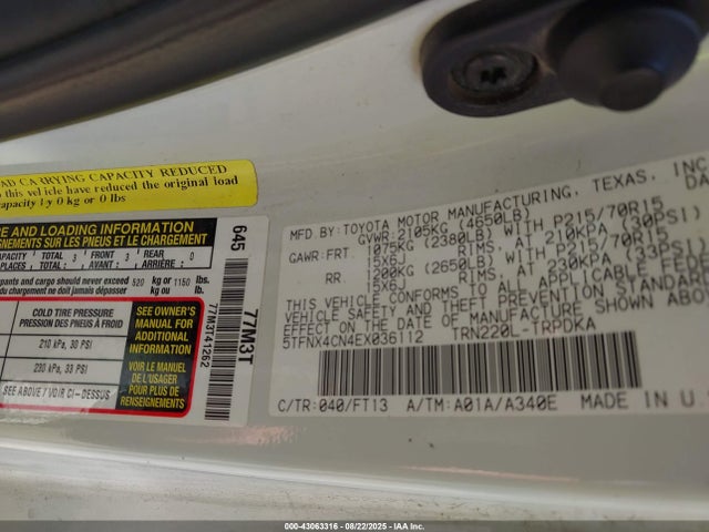 Toyota 2tr-fe 2014 5TFNX4CN4EX036112 Image 9