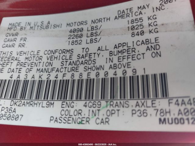 2008 MITSUBISHI ECLIPSE 4A3AK24F88E004091 Photo 8