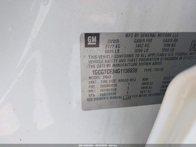 Chevrolet lfx - sidi, vvt, e85 max, aluminum 2016 1GCGTCE34G1136839 Image 9