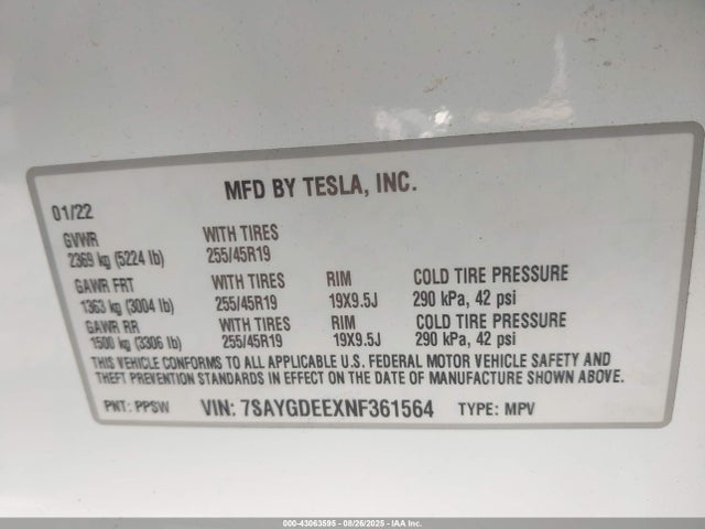 2022 TESLA MODEL Y 7SAYGDEEXNF361564 Photo 8