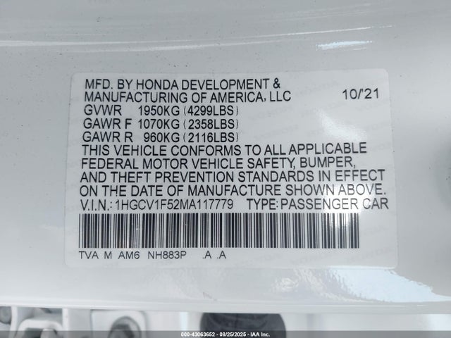 2021 Honda Accord Ex-l მანქანა იყიდება აუქციონზე, vin: 1HGCV1F52MA117779, აუქციონის ნომერი: 43063652