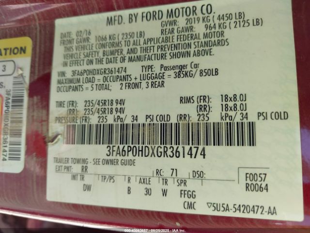 2016 FORD FUSION 3FA6P0HDXGR361474 Photo 8