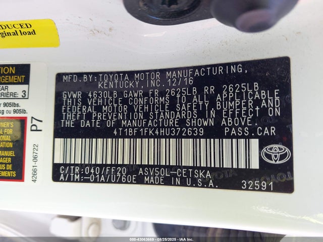 Toyota 2ar-fe 2017 4T1BF1FK4HU372639 Image 9