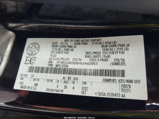 1FMCU9GD6HUA42963 Ford gtdi sigma w/premium fuel