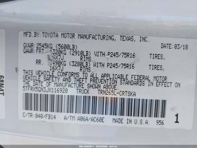 5TFRX5GN3JX116920 Toyota 2tr-fe