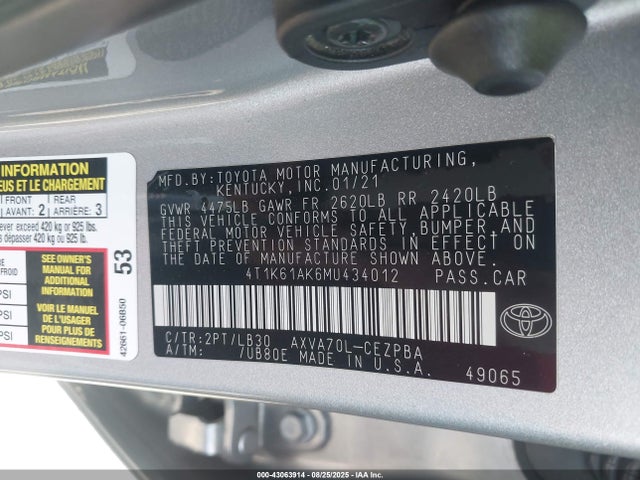 4T1K61AK6MU434012 Toyota a25a-fks