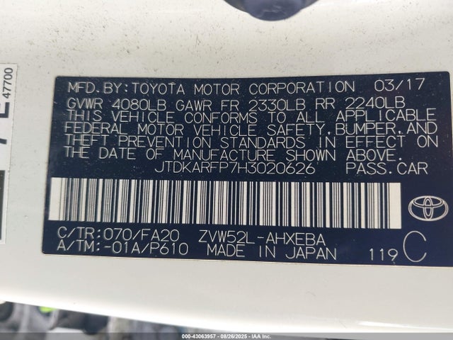 Toyota 2zr-fxe+1nm 2017 JTDKARFP7H3020626 Image 9