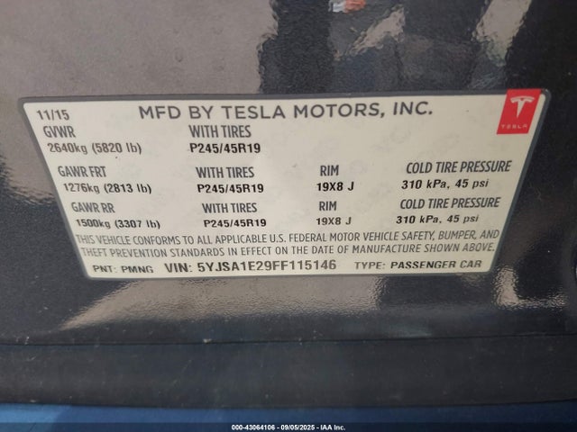 Tesla 3 phase a/c induction (dual motor) 2015 5YJSA1E29FF115146 Image 9