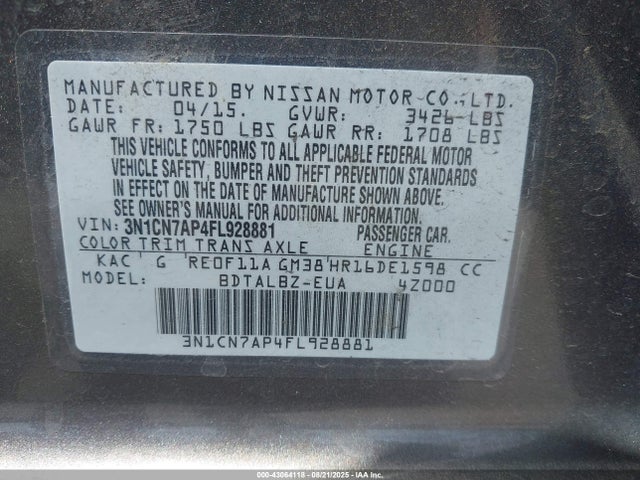 3N1CN7AP4FL928881 Nissan 2015