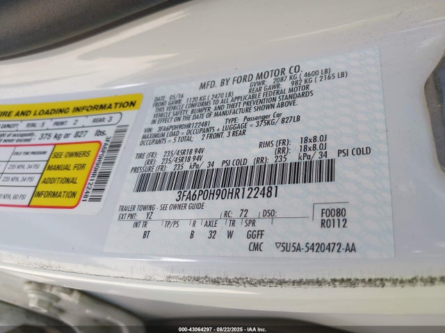 3FA6P0H90HR122481 Ford 2.0l gtdi premium fuel